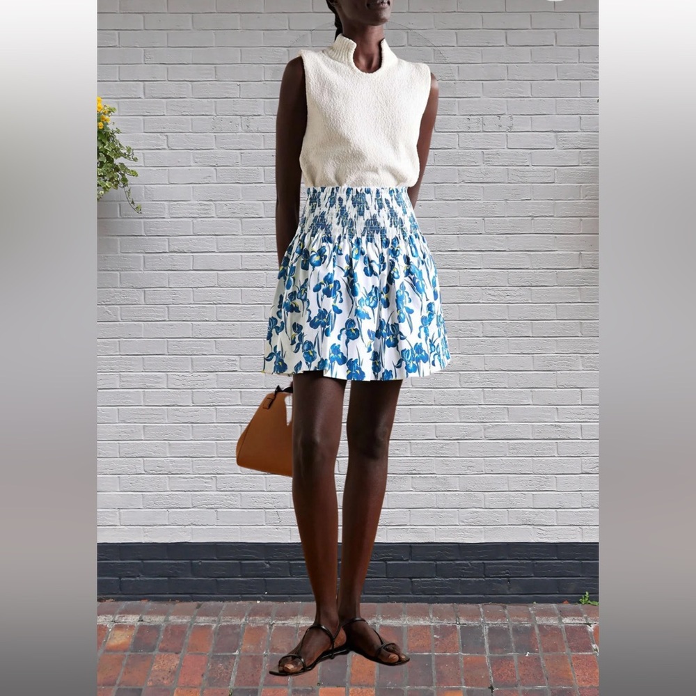 Jason Wu Iris Print Cotton Mini Shirt with Smocked Waist